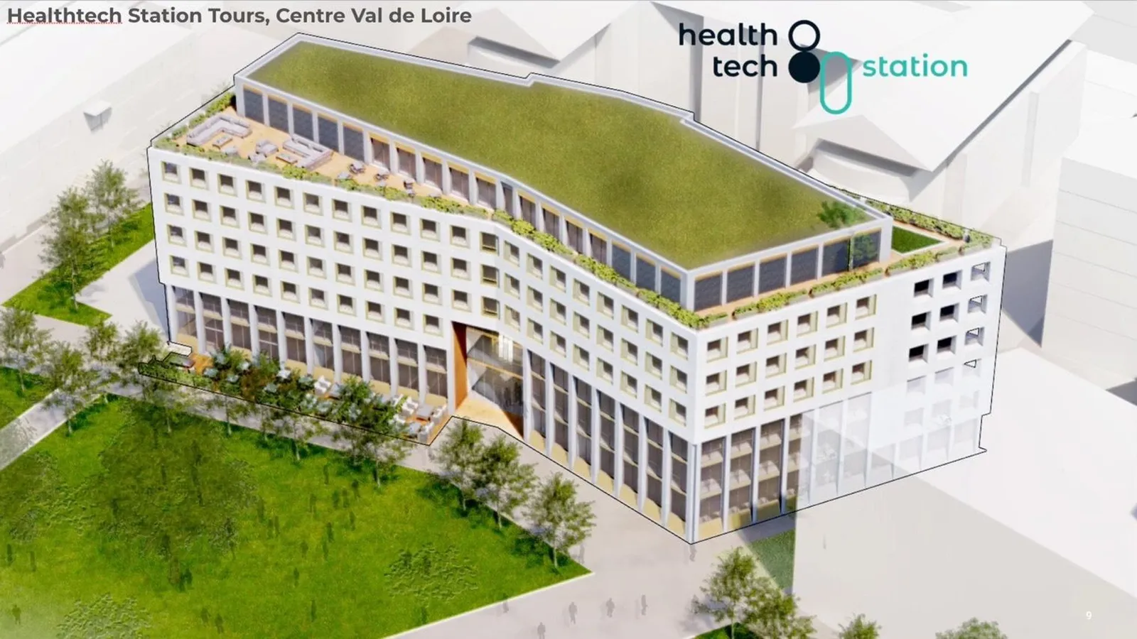 Vue aérienne de HealthTech Station et de sa toiture végétalisée